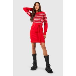 Robe Pull De Noël À Ceinture Et Motif Jacquard - Rouge - S, Rouge