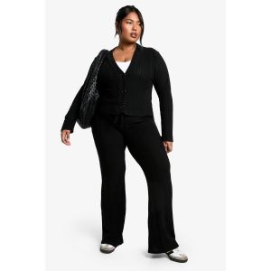 Ensemble Tricoté Cardigan Côtelé Doux Grande Taille Et Pantalon À Cordon De Serrage - Noir - 46, Noir
