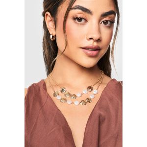 Collier Superposé Perles Martelées - Jaune Or - One Size, Jaune Or