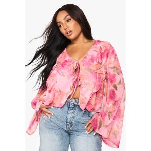 Blouse À Volants Et Laçage Frontal - Rose - 56, Rose