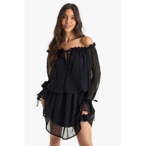 Robe Mini Bardot En Chiffon À Taille Basse - Noir - 38, Noir