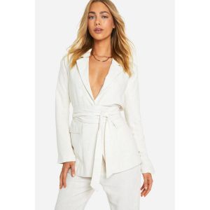 Linen Look Obi Tie Waist Tailored Blazer - Blanc Écru - 42, Blanc Écru