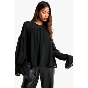 Chemisier À Manches Longues En Chiffon Avec Détail Drapé - Noir - 36, Noir