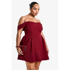 "Plus" Robe Skater Plissée Grande Taille À Épaules Dévoilées - Rouge Lie De Vin - 46, Rouge Lie De Vin