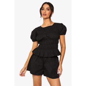 Ensemble Pour "Petite"s : T-Shirt En Popeline Froncée Et Short Assorti - Noir - 34, Noir