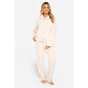 Loungewear Checkerboard Fleece Button Front Shirt & Trousers Pyjama Set - Rose Clair - 40, Rose Clair