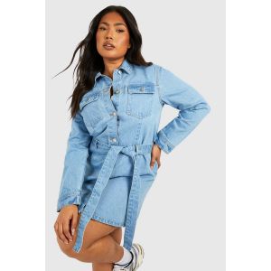 "Plus" Robe Chemise En Denim Avec Ceinture Nouée - Bleu Clair - 54, Bleu Clair