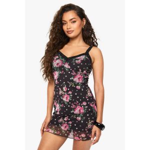 Robe Caraco En Mesh À Imprimé Floral Délicat Avec Bordure En Dentelle - Noir - 38, Noir