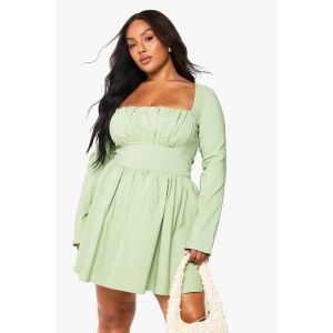 "Plus" Robe Patineuse À Corset En Bengaline À Manches Longues - Vert Mastic - 54, Vert Mastic