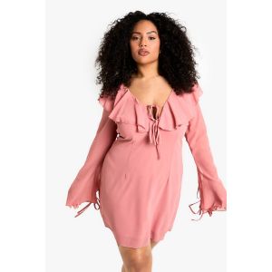 "Plus" Robe Chemise À Volants En Tissu Tissé Pour Grande Taille - Nude/Coquille D'Œuf - 44, Nude/Coquille D'Œuf