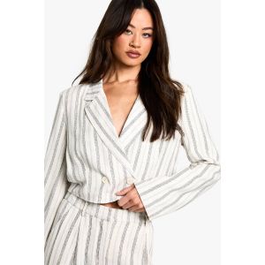 Blazer Court Style Lin Rayé Pour Personnes De Grande Taille - Blanc Ivoire - 44, Blanc Ivoire