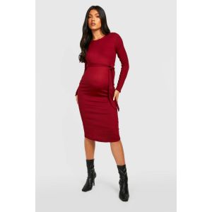 Robe Midi Maternité À Côtes Et Nouée À La Taille - Rouge Vin - 44, Rouge Vin