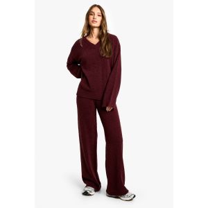 Pull En Maille Douce À Col En V#-----#Ensemble Coordonné Tricoté À Jambes Larges - Rouge Bordeaux - S, Rouge Bordeaux