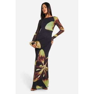 Robe Longue Fleurie En Mesh À Col Bénitier - Noir - 40, Noir