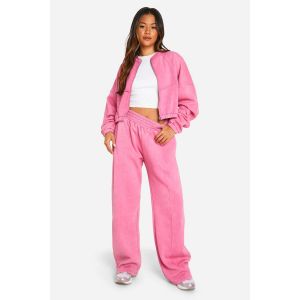 Survêtement Bomber Acid Wash À Détails De Couture, Coupe Crop Et Fermeture Éclair Intégrale - Rose Fuchsia - Xs, Rose Fuchsia