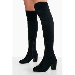 Bottes À Talon Bloc En Daim Synthétique Stretch Montant Au-Dessus Du Genou, Coupe Large - Noir - 3, Noir