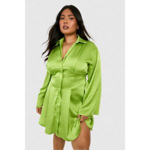 Robe Chemise En Satin "Plus" Avec Détails Inspirés Du Corset Et Manches Évasées - Vert Chartreuse - 50, Vert Chartreuse