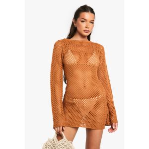 Robe Mini À Manches Évasées En Crochet - Orange Pêche - Xs, Orange Pêche