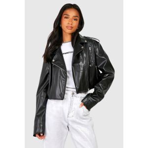 "Petite" Crop Veste De Motard En Synthétique - Noir - 38, Noir