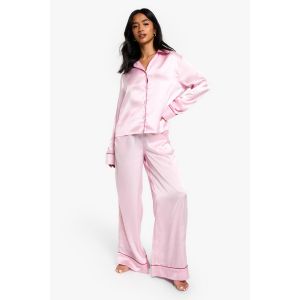 Ensemble De Pyjama Avec Chemise À Manches Longues Ornée D'Un Détail En Passepoil De Satin Et Pantalon - Rose Clair - 42, Rose Clair