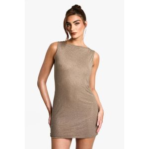 Mini Robe Hot Fix À Encolure Fendue - Marron Moka - 40, Marron Moka