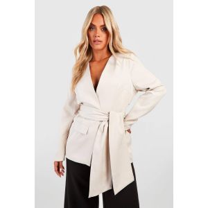 Blazer Grande Taille En Tissu Tissé Avec Ceinture Nouée Et Poche - Blanc Cassé - 46, Blanc Cassé