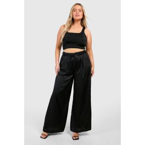 Pantalon À Jambe Large En Satin Avec Taille À Cordon De Serrage - Noir - 56, Noir