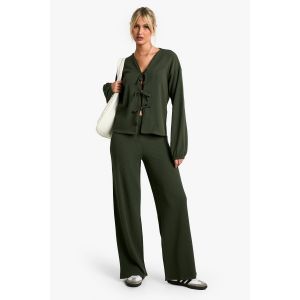 Rib Tie Front Blouse And Trouser Co-Ord - Vert Kaki - 44, Vert Kaki