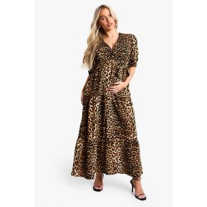 Robe De Maternité En Imprimé Léopard Tissé À Manches Bouffantes Midaxi - Leopard - 38, Leopard