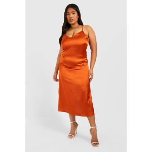 Robe Mi-Longue En Satin "Plus" Avec Décolleté En V Et Fente Latérale - Orange Vif - 44, Orange Vif