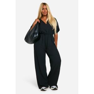 Combinaison Grande Taille En Jersey Texturé À Encolure Plongeante Et Ceinturée - Noir - 56, Noir