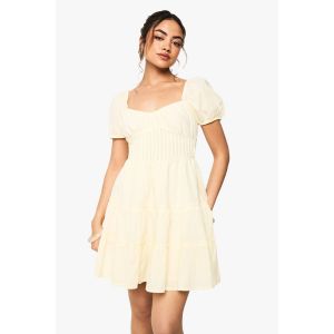 Robe Mini En Coton À Volants, Manches Bouffantes Et Smocking - Citron - Xs, Citron