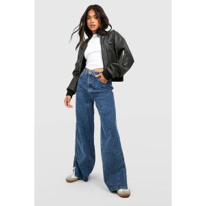 "Petite" Vintage Wash Split Hem Wide Leg Jeans - Bleu - 16, Bleu