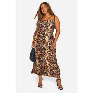 "Plus" Robe Maxi Plissée À Imprimé Léopard Et Encolure Drapée - Marron - 56, Marron
