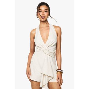 Combinaison Courte En Imitation Lin À Col Torsadé Et Décolleté Harnais - Blanc - 40, Blanc