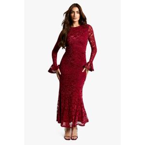 Robe Maxi En Velours Et Dentelle À Manches Évasées - Rouge - 44, Rouge