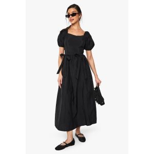 Nylon Robe Midi À Manches Bouffantes - Noir - 44, Noir