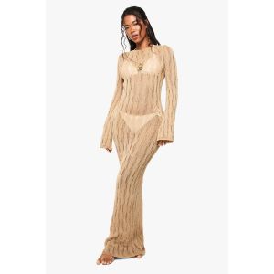 Robe De Plage En Crochet À Manches Longues Avec Dos Échancré - Marron Camel - L, Marron Camel