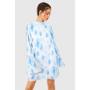 Robe En Chiffon Floral Plissée À Manches Évasées - Bleu - 36, Bleu