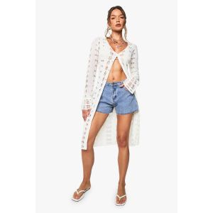 Cardigan Maxi En Crochet À Manches Volantées - Blanc Cassé - M, Blanc Cassé