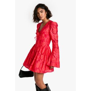 Robe Patineuse Jacquard À Détails Corset Floral - Rouge - 34, Rouge