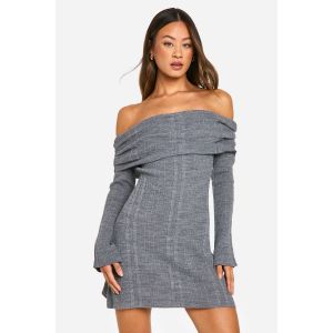 Robe Skater Bardot Longue En Maille Torsadée - Gris Anthracite - S, Gris Anthracite
