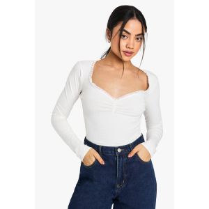 Haut À Manches Longues En Jersey Avec Bordure En Dentelle Et Bustier Froncé - Blanc - 40, Blanc