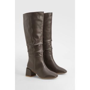 Bottes Mi-Mollet À Talon Bloc Froncé Coupe Large - Marron Chocolat - 40, Marron Chocolat