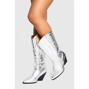 Bottes Cowboy Western Mé"Tall"iques À Coupe Large Hautes Jusqu'Aux Genoux - Gris - Argent - 36, Gris - Argent