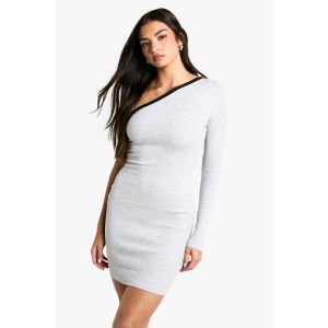 Robe Mini À Une Épaule Avec Garniture Contrastée - Gris Perle - 44, Gris Perle