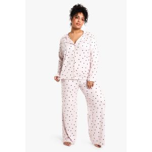"Plus" Pyjama En Grande Taille Imprimé Cœurs À Manches Longues Et Pantalon - Rose - 48, Rose