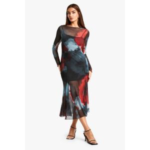 Robe Mi-Longue Fleurie En Mesh - Gris - 38, Gris