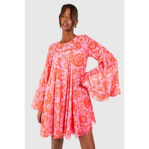Robe Babydoll Fleurie À Manches Évasées - Rose - 38, Rose