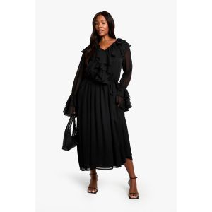 "Plus" Chiffon Robe Maxi Skater À Volants Et Ceinture À Nouer - Noir - 46, Noir